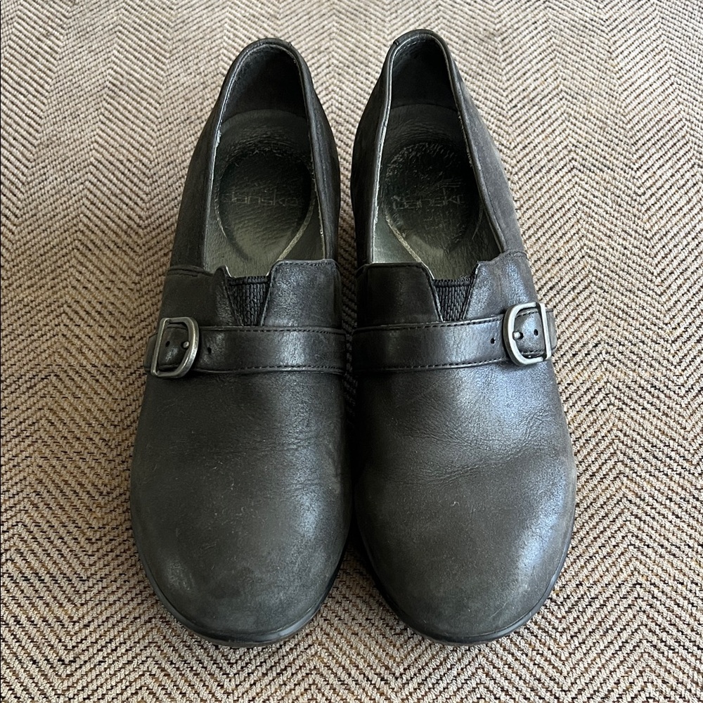 Dansko Black Leather Slip-On Shoes with Buckle